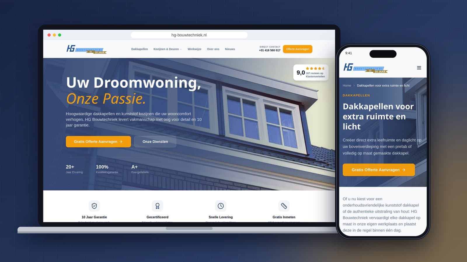 De nieuwe website van HG Bouwtechniek op een laptop en een telefoon